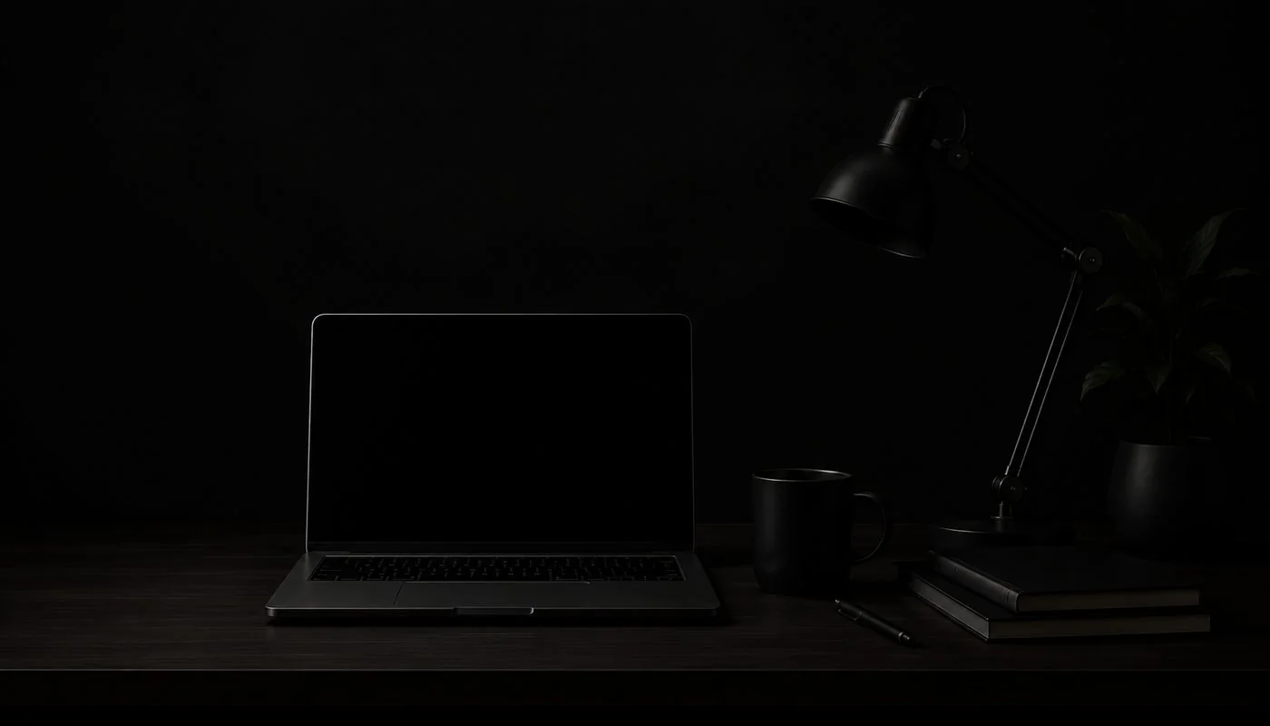 Escritorio con laptop y lámpara apagada