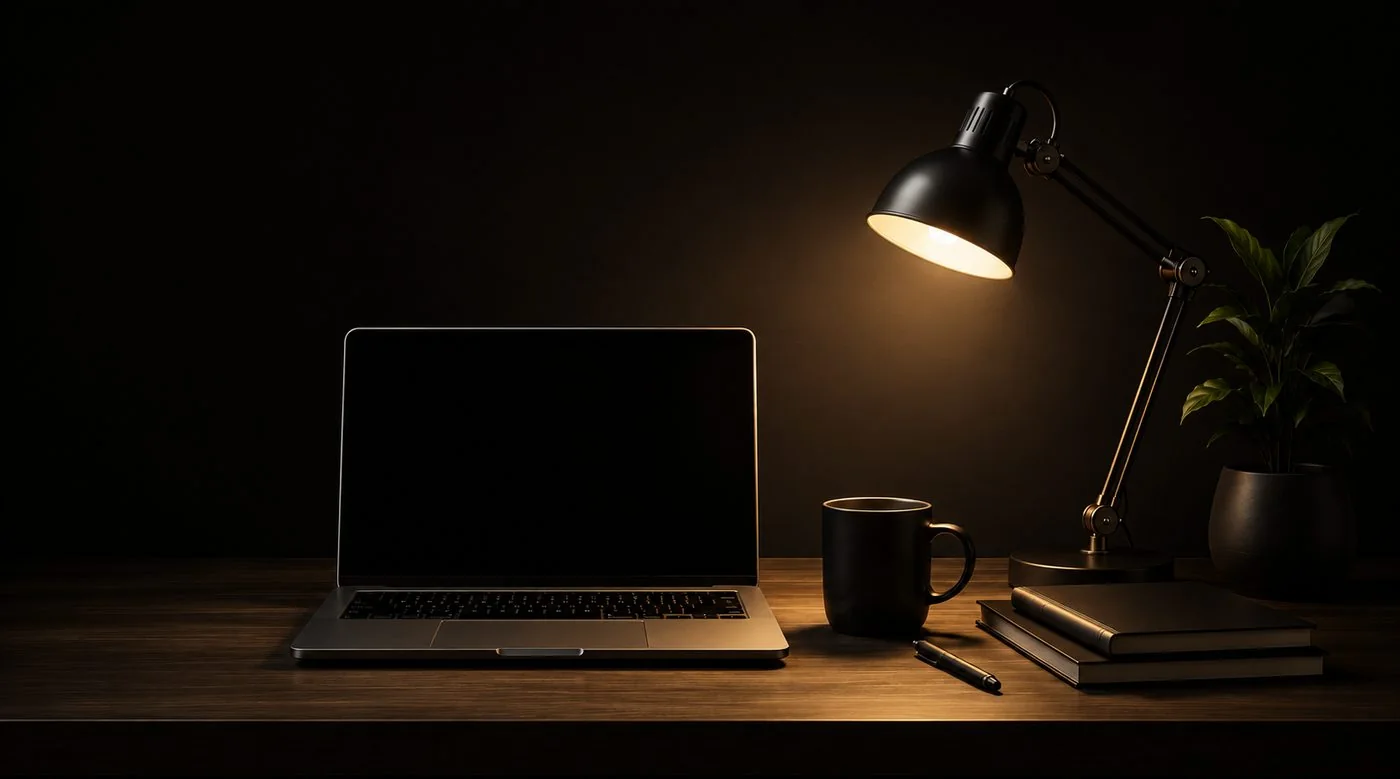 Escritorio con laptop y lámpara encendida
