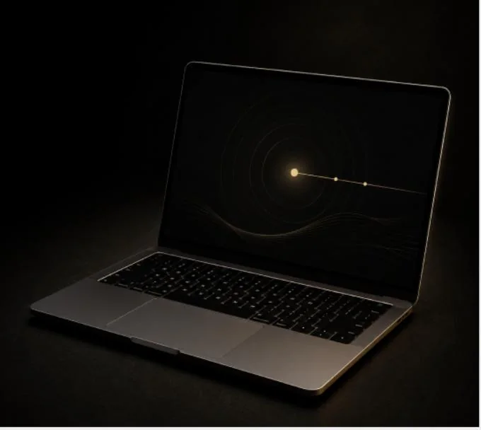 Laptop con efecto de luz dorada sobre escritorio oscuro