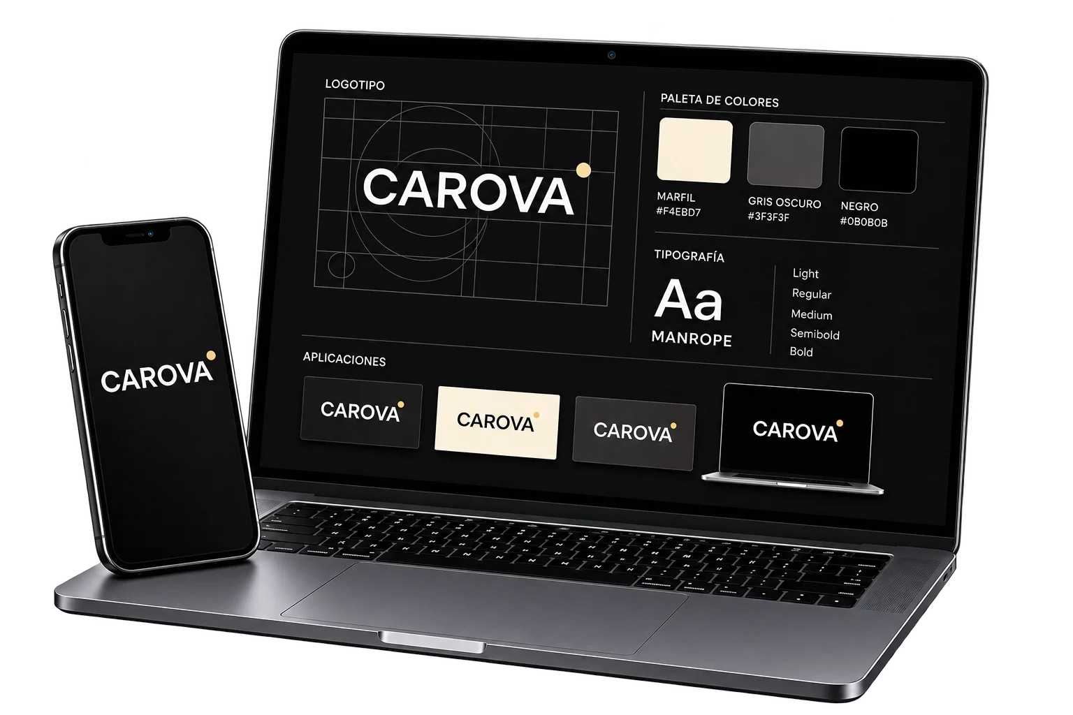 Mockup de laptop y móvil con la identidad de marca CAROVA