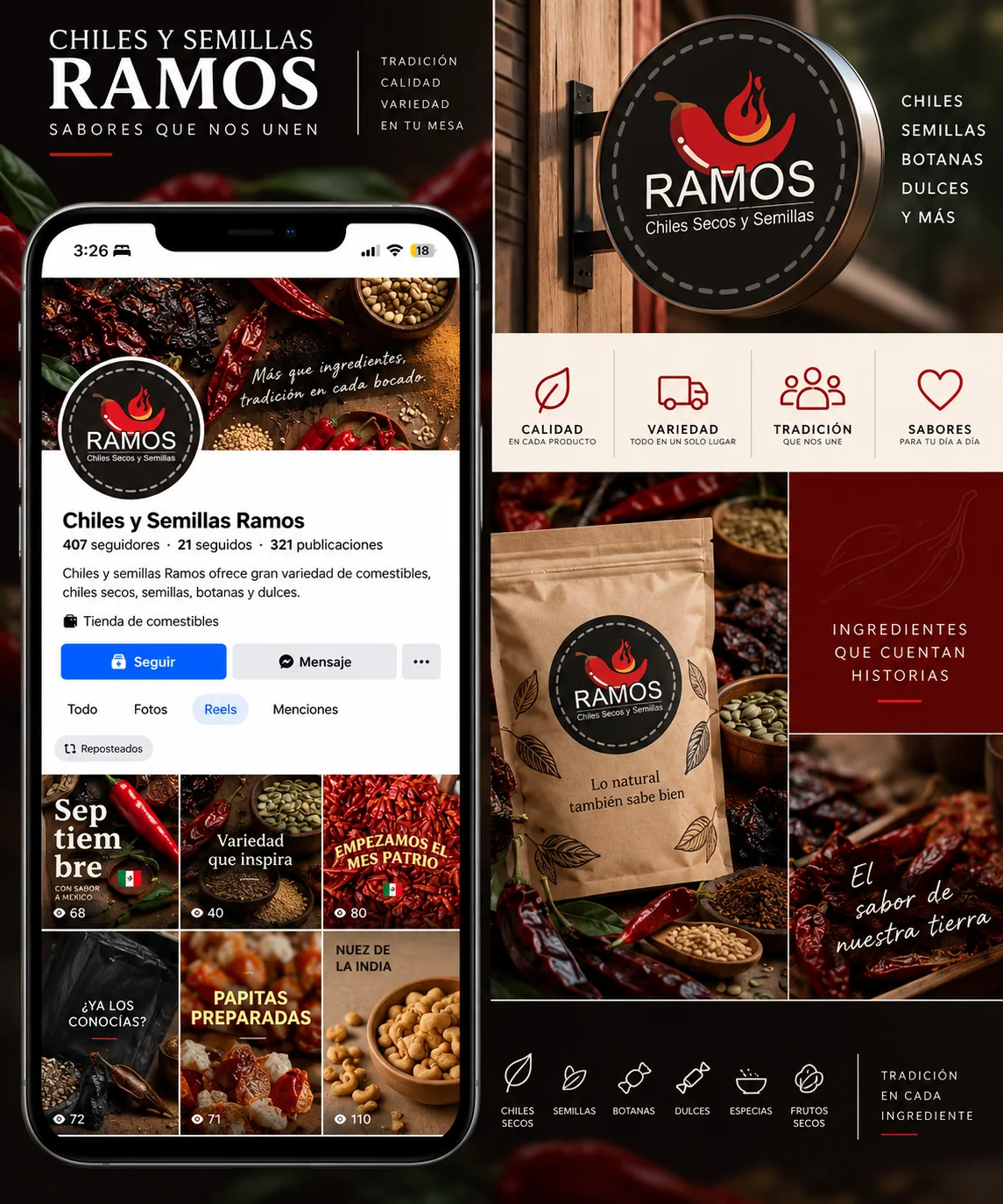 Collage de marca y redes sociales de Chiles y Semillas Ramos