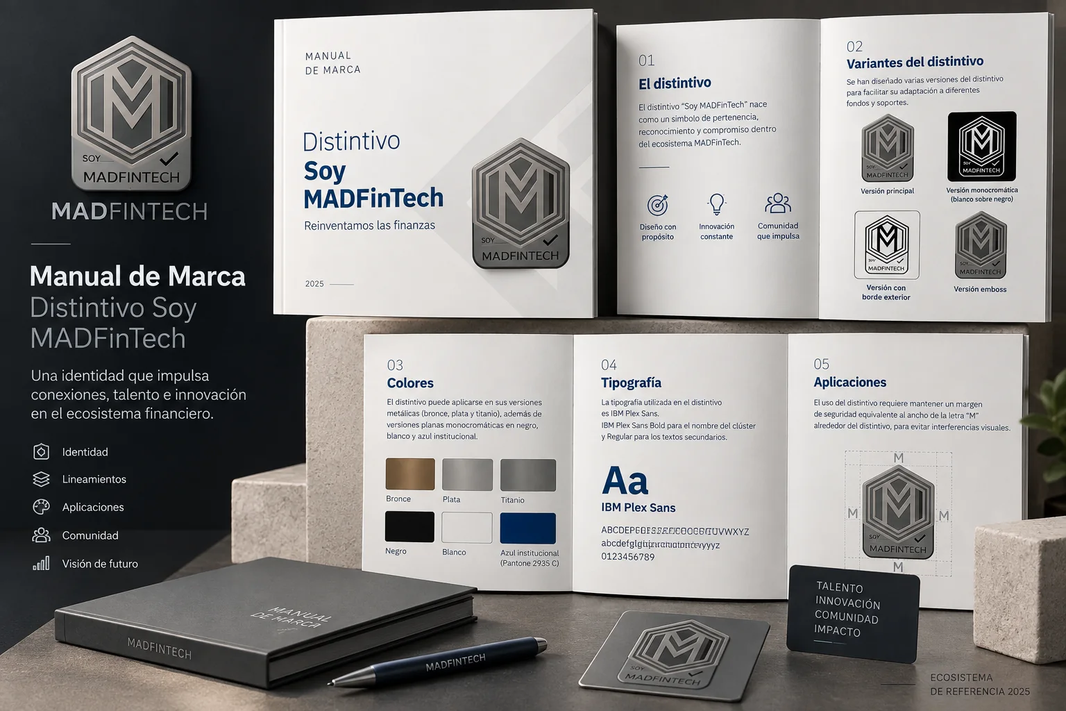 Manual de marca del distintivo Soy MADFinTech: portada, variantes, colores, tipografía y aplicaciones