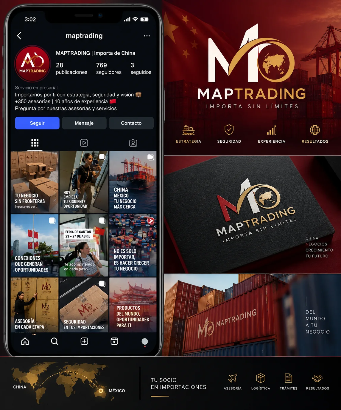 Collage de contenido de Instagram y branding de MAPTRADING